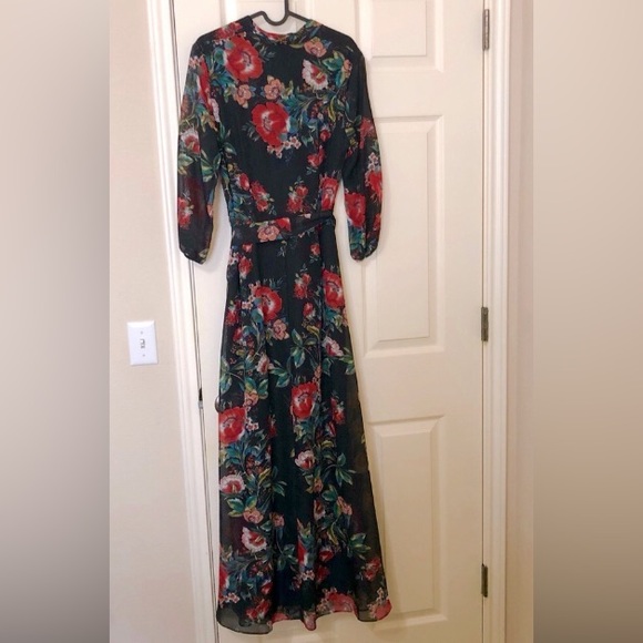 Black Red Dark Floral Chiffon 3/4 Long Sleeve Maxi Dress 6 - Picture 5 of 16